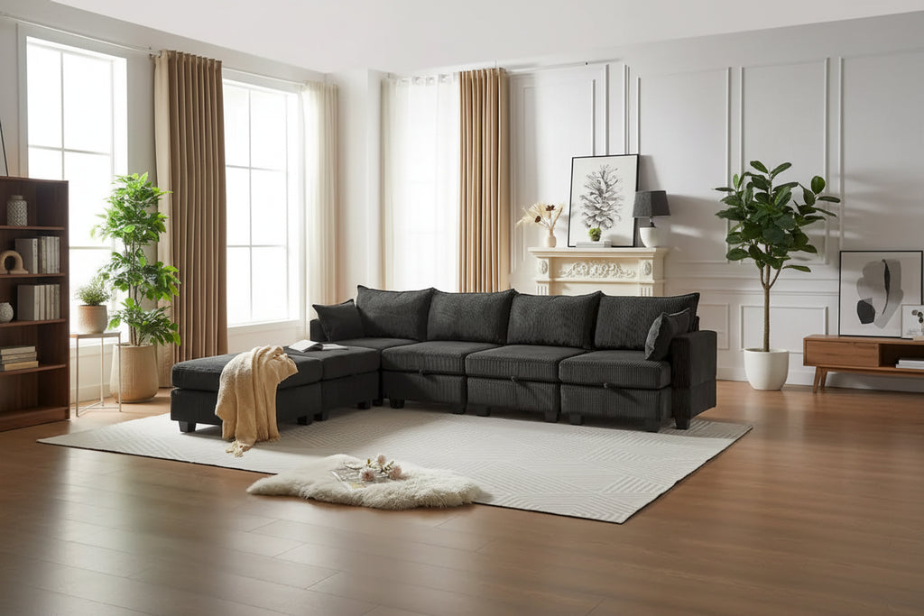 6-Piece Convertible Corduroy Modular Sectional Sofa with Storage Seats, 2 Removable Ottomans, Free Combination