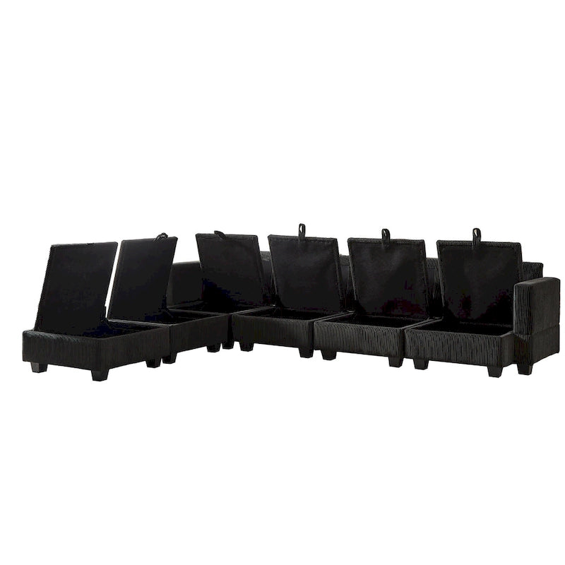 6-Piece Convertible Corduroy Modular Sectional Sofa with Storage Seats, 2 Removable Ottomans, Free Combination