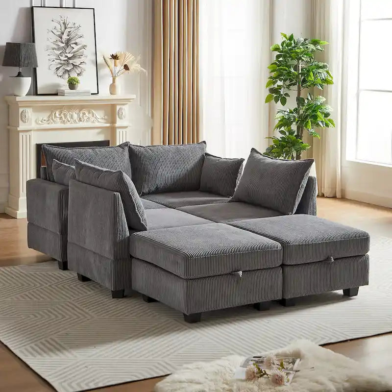6-Piece Convertible Corduroy Modular Sectional Sofa with Storage Seats, 2 Removable Ottomans, Free Combination