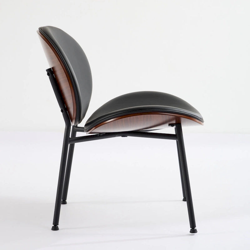 Shell Chair Single Side Chair Tripod Black Leather Lounge Chair in Walnut Finish Comfortable Backrest,Black color