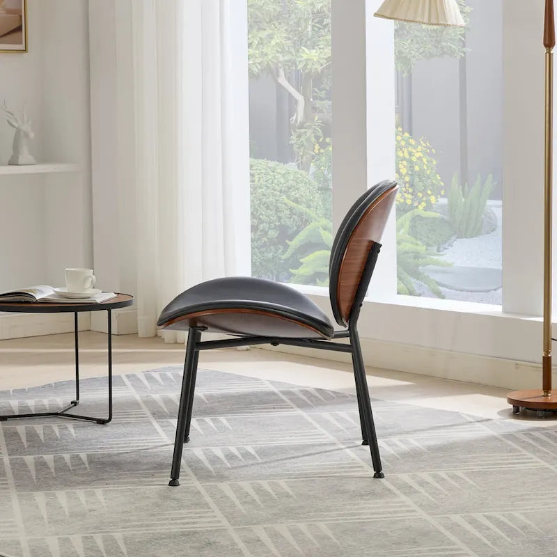 Shell Chair Single Side Chair Tripod Black Leather Lounge Chair in Walnut Finish Comfortable Backrest,Black color