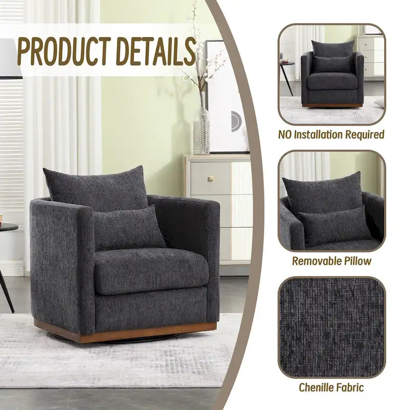 Chenille Swivel Barrel Accent Chair, Beige / Brown / Carbon Black / Dark Gray, Single Seat