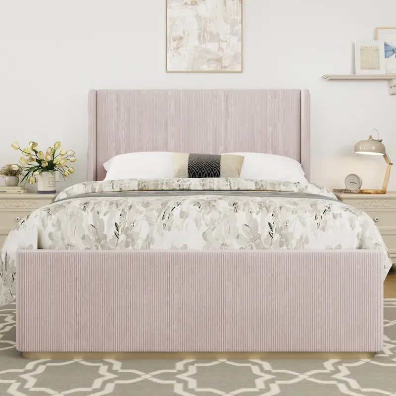 Roomfitters Queen/King Size Upholstered Bed, Corduroy Frame, Wingback Headboard, High Footboard, Light Grey