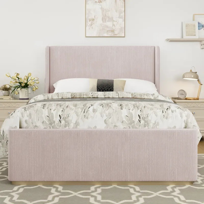 Roomfitters Queen/King Size Upholstered Bed, Corduroy Frame, Wingback Headboard, High Footboard, Light Grey