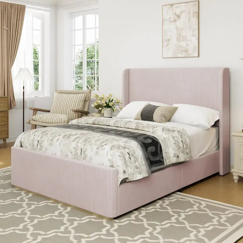 Roomfitters Queen/King Size Upholstered Bed, Corduroy Frame, Wingback Headboard, High Footboard, Light Grey