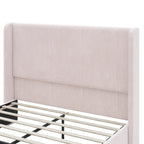 Roomfitters Queen/King Size Upholstered Bed, Corduroy Frame, Wingback Headboard, High Footboard, Light Grey