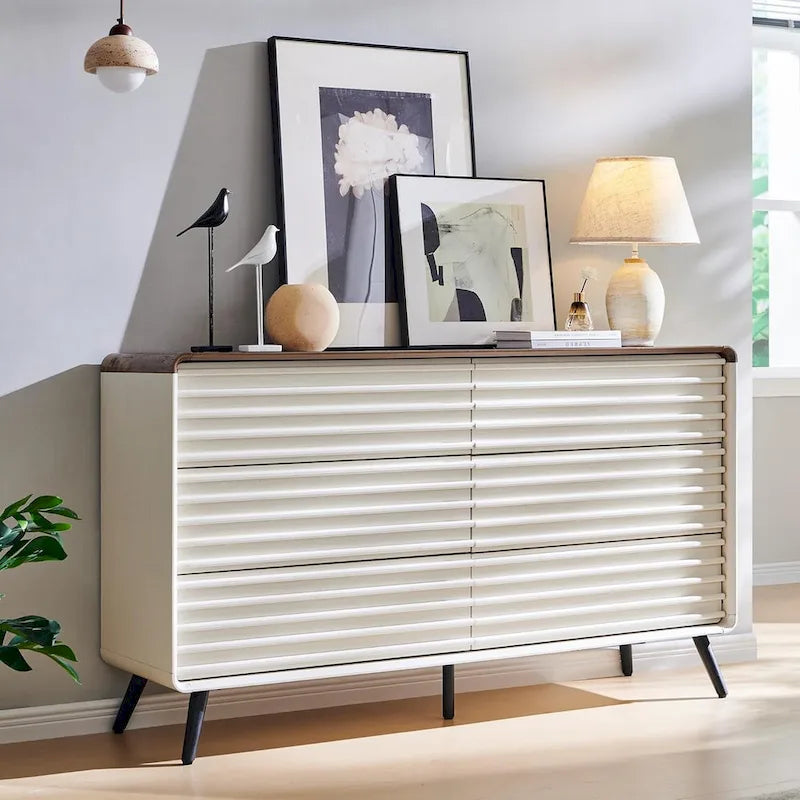 Mid Century Modern 6 Drawers Dresser, Wood Fluted Chest of Drawers