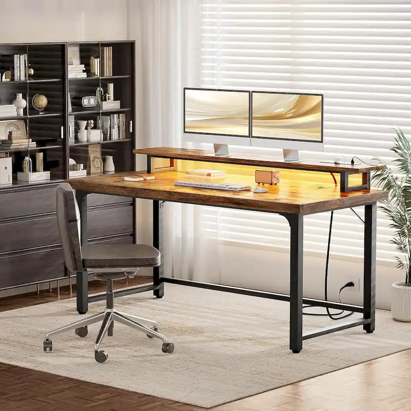 55 Inch Computer Desk with Socket and LED Light,Home Office Desk with 1.5 inch Thickened desktop,Writing Study Gaming Table