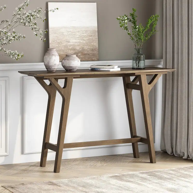 Grey / Walnut Mid-Century Console Table, Rubberwood Legs, Seats 1