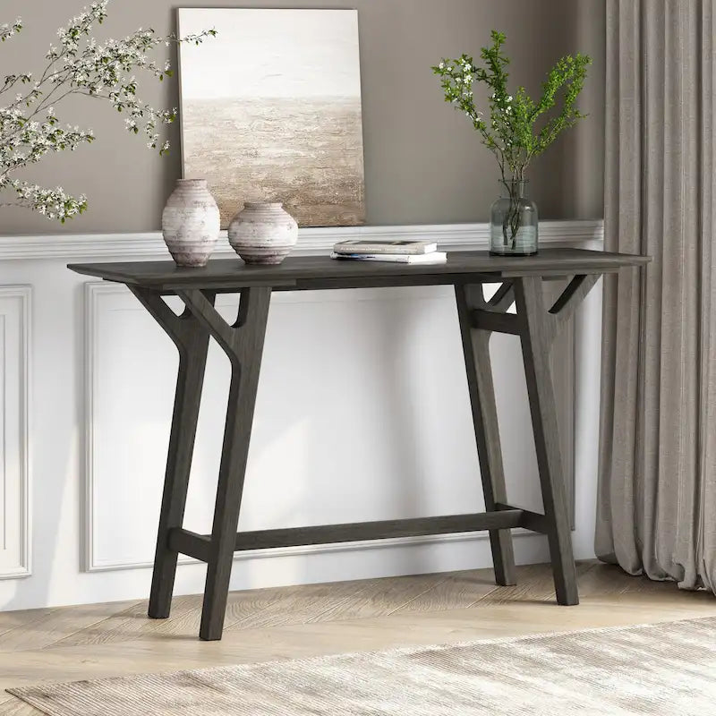 Grey / Walnut Mid-Century Console Table, Rubberwood Legs, Seats 1