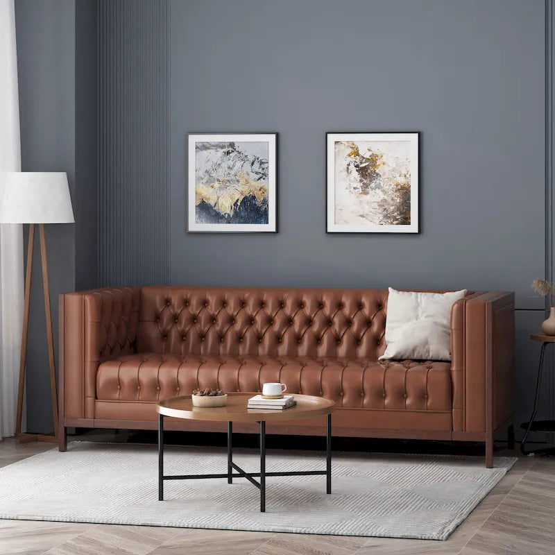 Espresso Faux Leather 3-Seater Sofa, Button-Tufted, Mid-Century Style