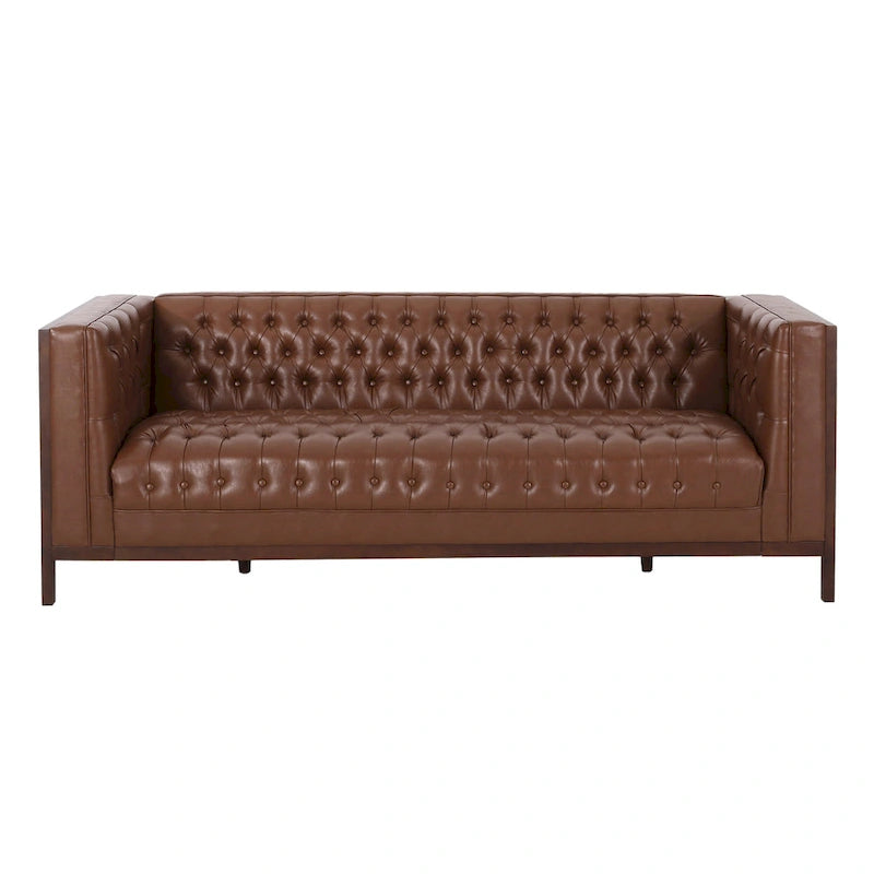 Espresso Faux Leather 3-Seater Sofa, Button-Tufted, Mid-Century Style