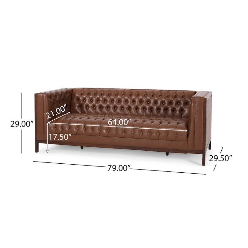 Espresso Faux Leather 3-Seater Sofa, Button-Tufted, Mid-Century Style