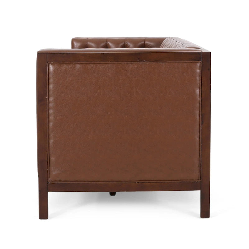 Espresso Faux Leather 3-Seater Sofa, Button-Tufted, Mid-Century Style