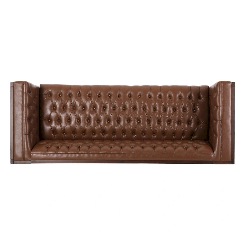 Espresso Faux Leather 3-Seater Sofa, Button-Tufted, Mid-Century Style