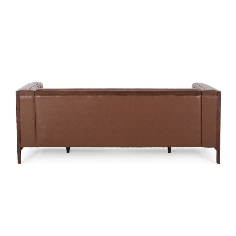 Espresso Faux Leather 3-Seater Sofa, Button-Tufted, Mid-Century Style