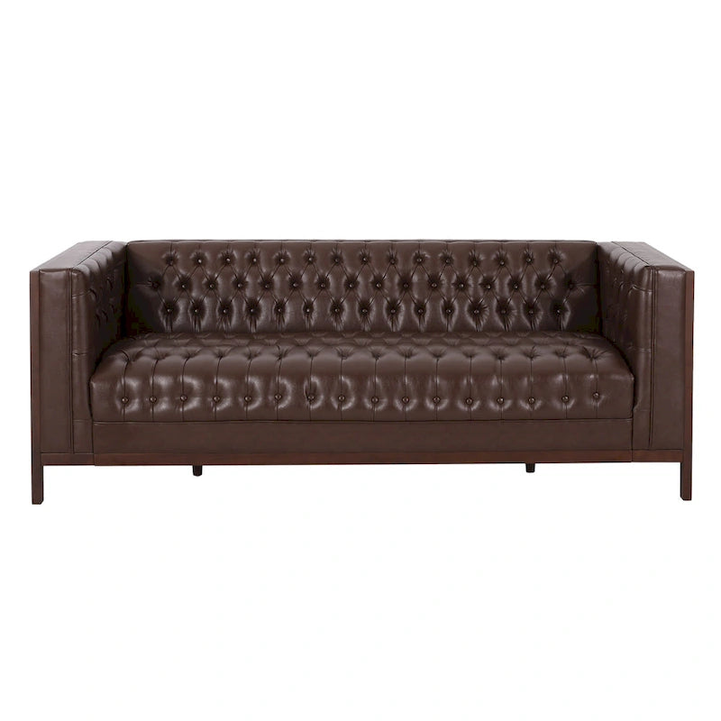 Espresso Faux Leather 3-Seater Sofa, Button-Tufted, Mid-Century Style