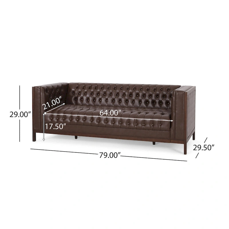 Espresso Faux Leather 3-Seater Sofa, Button-Tufted, Mid-Century Style