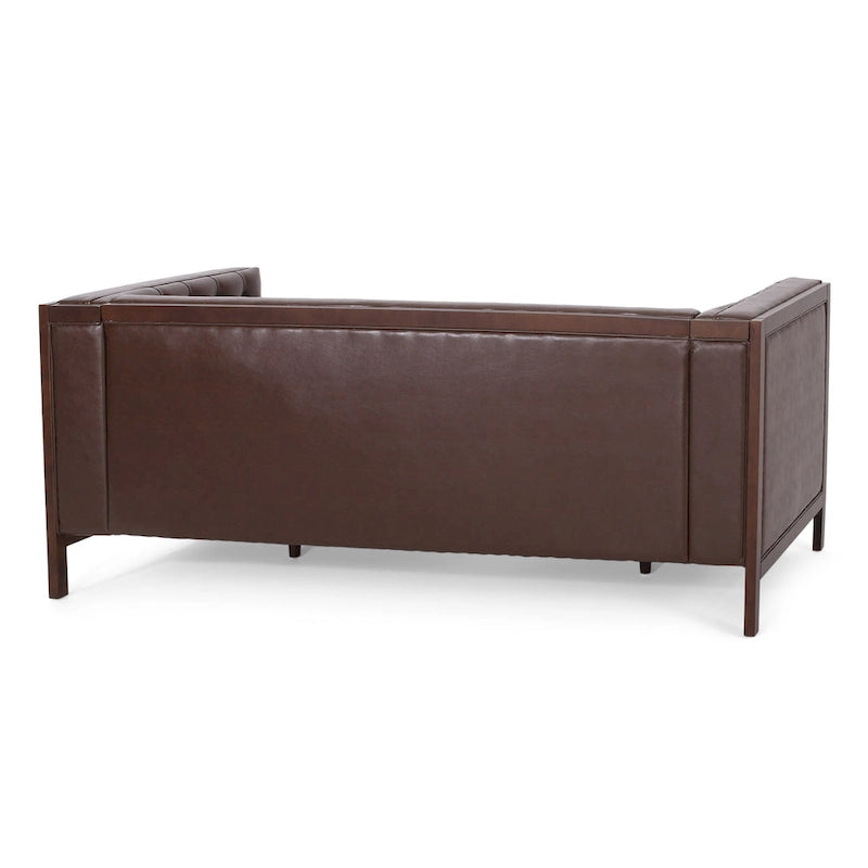 Espresso Faux Leather 3-Seater Sofa, Button-Tufted, Mid-Century Style