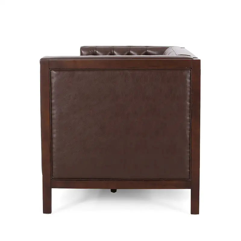 Espresso Faux Leather 3-Seater Sofa, Button-Tufted, Mid-Century Style