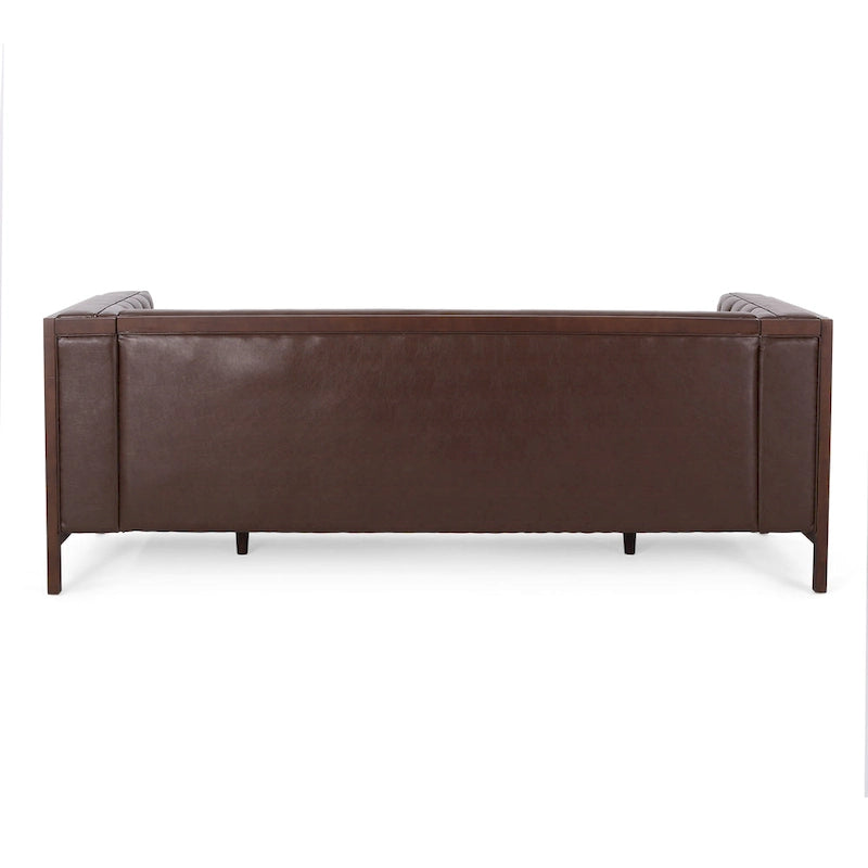 Espresso Faux Leather 3-Seater Sofa, Button-Tufted, Mid-Century Style