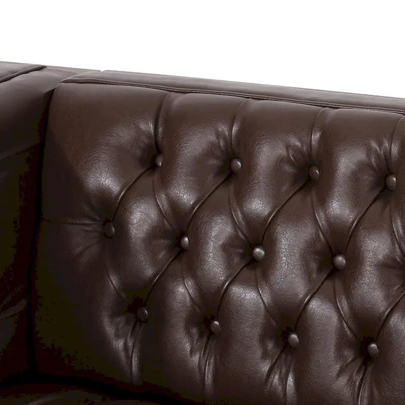 Espresso Faux Leather 3-Seater Sofa, Button-Tufted, Mid-Century Style