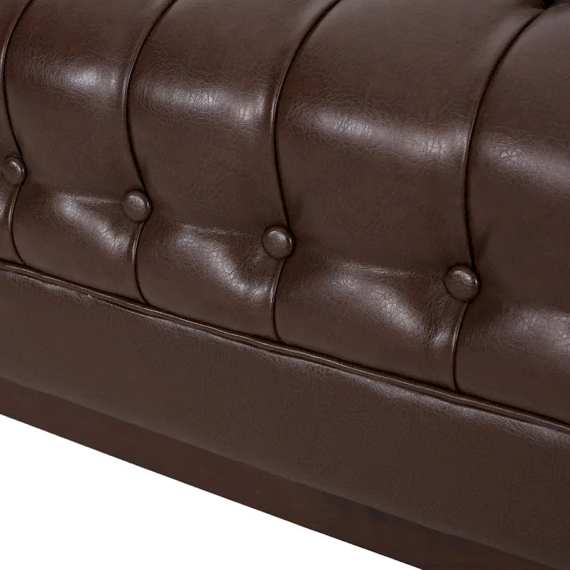 Espresso Faux Leather 3-Seater Sofa, Button-Tufted, Mid-Century Style