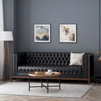 Espresso Faux Leather 3-Seater Sofa, Button-Tufted, Mid-Century Style