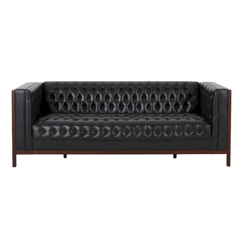 Espresso Faux Leather 3-Seater Sofa, Button-Tufted, Mid-Century Style
