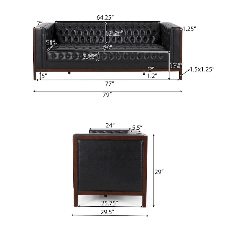 Espresso Faux Leather 3-Seater Sofa, Button-Tufted, Mid-Century Style