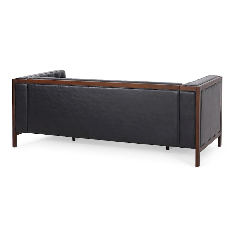 Espresso Faux Leather 3-Seater Sofa, Button-Tufted, Mid-Century Style