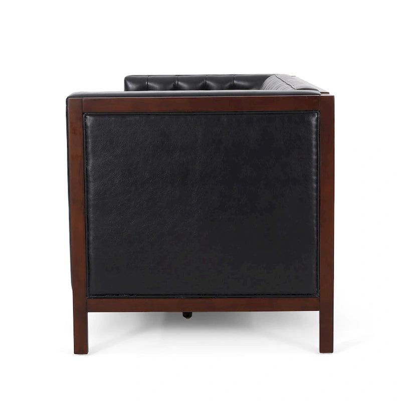 Espresso Faux Leather 3-Seater Sofa, Button-Tufted, Mid-Century Style