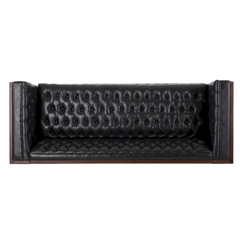 Espresso Faux Leather 3-Seater Sofa, Button-Tufted, Mid-Century Style