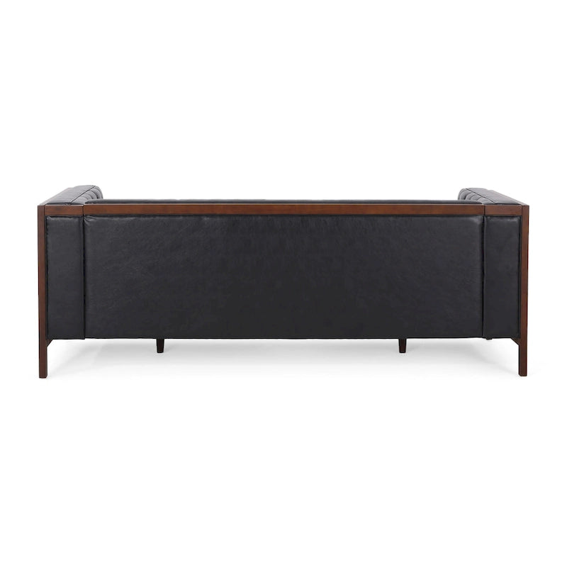 Espresso Faux Leather 3-Seater Sofa, Button-Tufted, Mid-Century Style