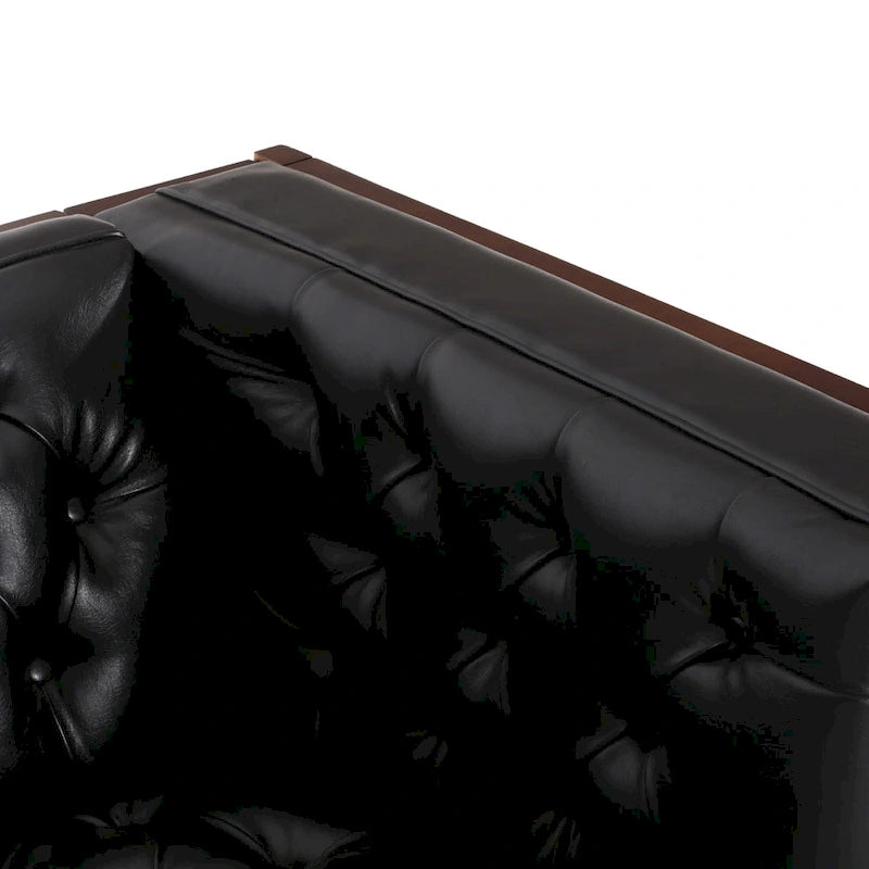 Espresso Faux Leather 3-Seater Sofa, Button-Tufted, Mid-Century Style