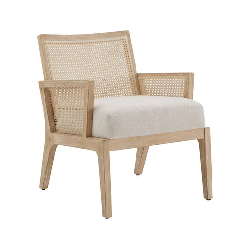Beige Fabric Cane Accent Chair, Natural Wood Finish, Single Seat