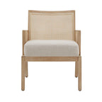 Beige Fabric Cane Accent Chair, Natural Wood Finish, Single Seat
