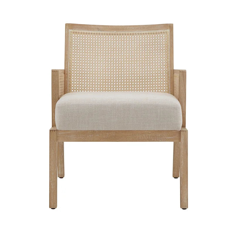 Beige Fabric Cane Accent Chair, Natural Wood Finish, Single Seat