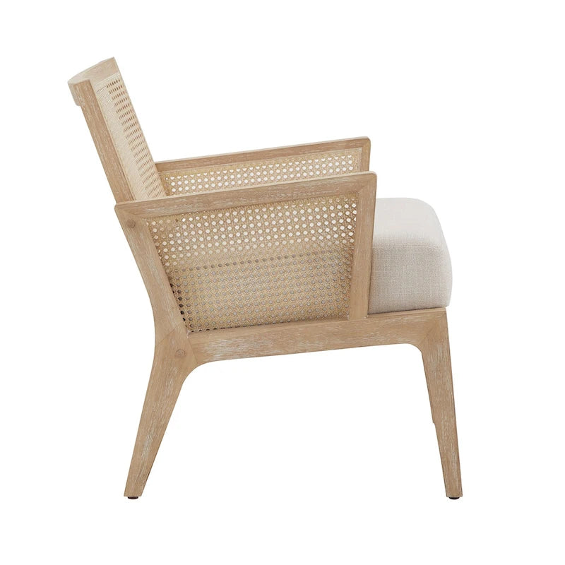 Beige Fabric Cane Accent Chair, Natural Wood Finish, Single Seat