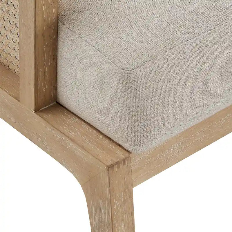 Beige Fabric Cane Accent Chair, Natural Wood Finish, Single Seat