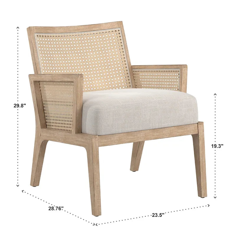 Beige Fabric Cane Accent Chair, Natural Wood Finish, Single Seat