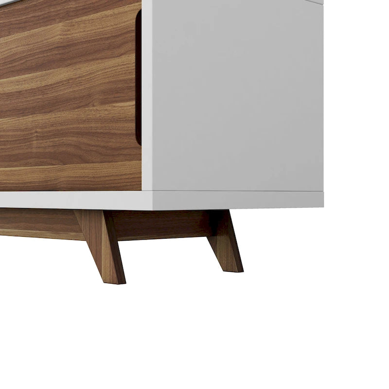 DH BASIC Mid-Century Modern White and Walnut 62-inch Wide 6-Shelf TV Stand by Denhour