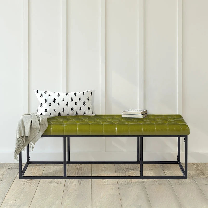White / Brown / Green / Black Faux Leather Accent Bench, Metal Frame, Single Seat