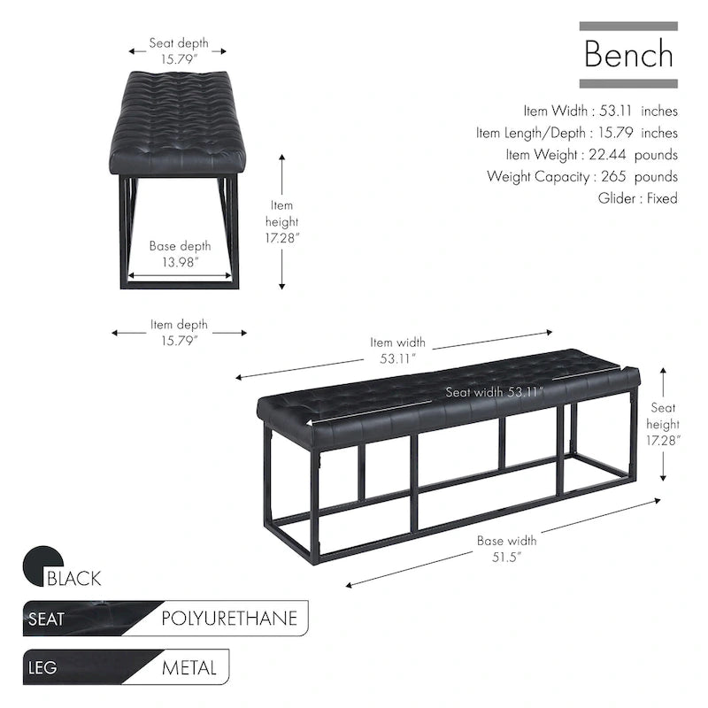 White / Brown / Green / Black Faux Leather Accent Bench, Metal Frame, Single Seat