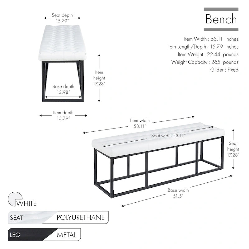 White / Brown / Green / Black Faux Leather Accent Bench, Metal Frame, Single Seat