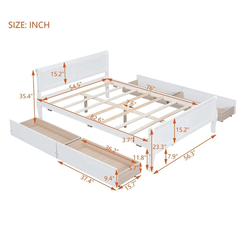 Full Size Wood Platform Bed with 4 Drawers and Streamlined Headboard