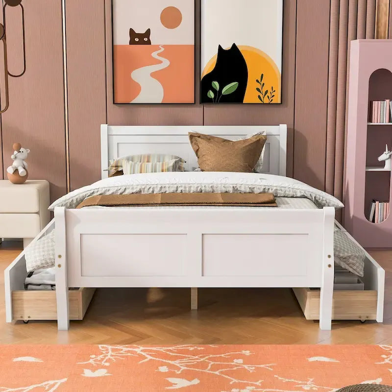 Full Size Wood Platform Bed with 4 Drawers and Streamlined Headboard