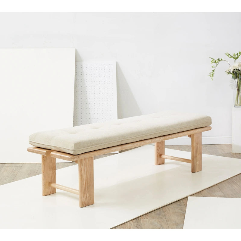 Beige Linen Tufted Cushion Bench, Ashwood Base, 2-Color Options, 1-Seat