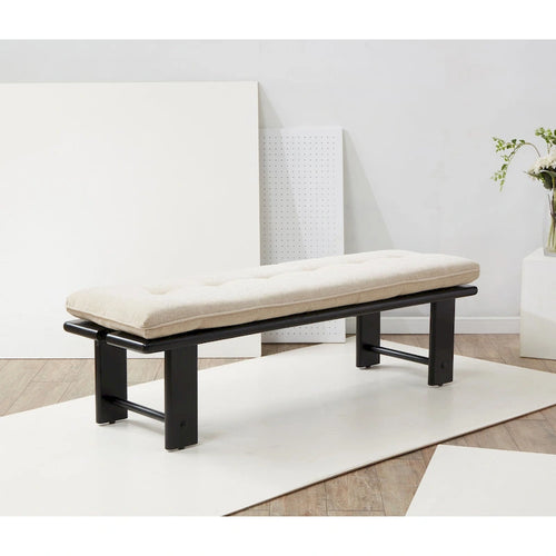 Beige Linen Tufted Cushion Bench, Ashwood Base, 2-Color Options, 1-Seat