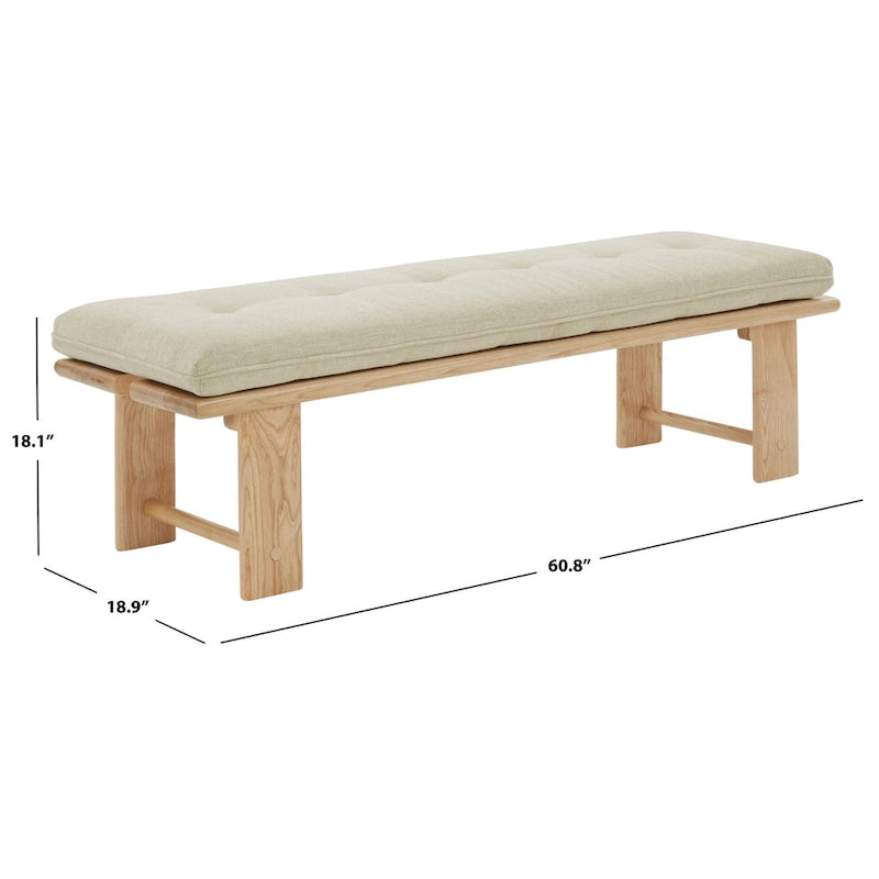 Beige Linen Tufted Cushion Bench, Ashwood Base, 2-Color Options, 1-Seat